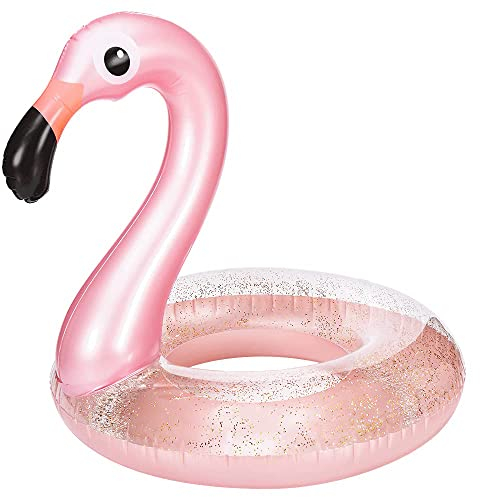 Flamingo Aufblasbar Schwimmbad Schwimmer, Flamingo Pool Glitzer Rosa Flamingo Luftmatratze, Riesen Schwimmring Süßes Spielzeug für Poolparty Strand 98 cm für Erwachsene Kinder