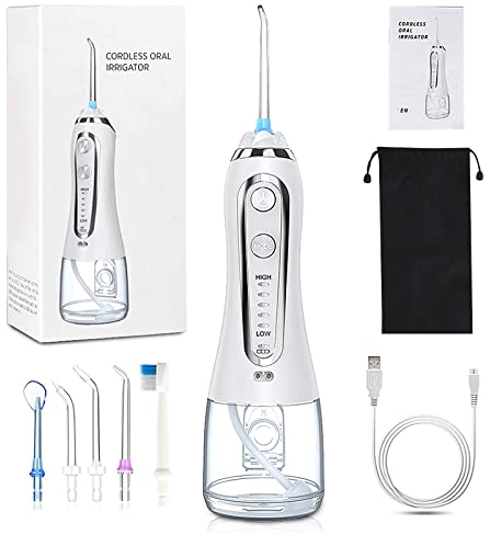 Idropulsore Dentale Portatile, 5 Modalità 6 Ugelli di Ricambio Irrigatore Orale 300 ml Elettrico Professionale USB Ricaricabile IPX7 Impermeabile, con Borsa per Viaggio, Casa, Ufficio