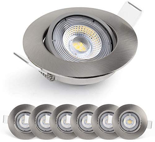 EMOS LED Einbaustrahler 230V, 5W / 450lm, 50° schwenkbar, Deckenspots warmweiß 3000k | Einbaustrahler LED Spot flach 68mm Lochmaß | Set mit 6 Stück LED Spots 230V, Einbauleuchten rund (Farbe silber)