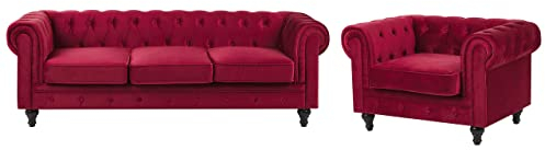 Klassisches Set Sofa Sessel Samtstoff Chesterfield Stil dunkelrot Chesterfield