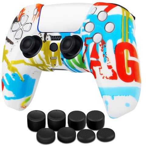 TNP PS5 Controller Hülle, PS5 Controller Skin Case aus rutschfestes Silikon kompatibel mit Sony Playstation 5 DualSense Wireless Controller Grip, Schutzhülle mit 8 Daumengriffkappen, Graffiti Malen