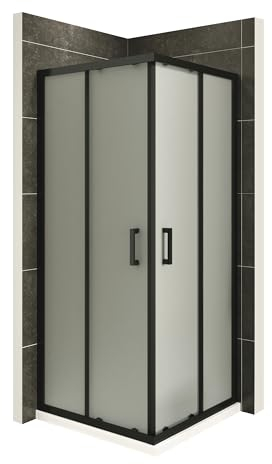 Moments of Glass - Mampara de Ducha Diana 80x80x180cm | REVERSIBLE | Puertas correderas, Ajuste 77,5-79,5 x 77,5-79,5cm | Perfiles Negros, cristal de seguridad ESG Satinado de 6mm