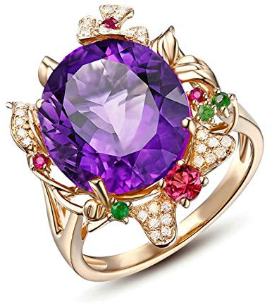 Bishilin Ring Damen Gold Diamant 585 Blume Ring mit Amethyst 9ct, Trauringe Nickelfrei Verlobungsring Gold Diamant Gr.50 (15.9)
