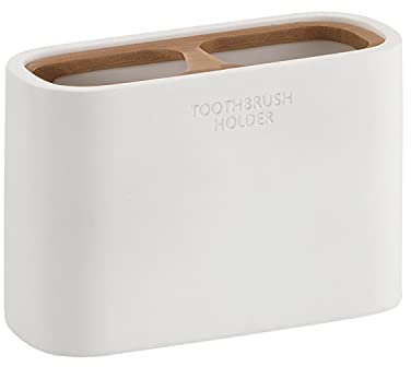 Gedy Bianco Melbourne Portaspazzolini da Bagno, Misure e Peso: 8,5X12,8X5,6 CM & 0,364 kg, Porta dentifricio e spazzolino in resine, Finitura bambù, Design R&S, 2 Anni di Garanzia, Unica