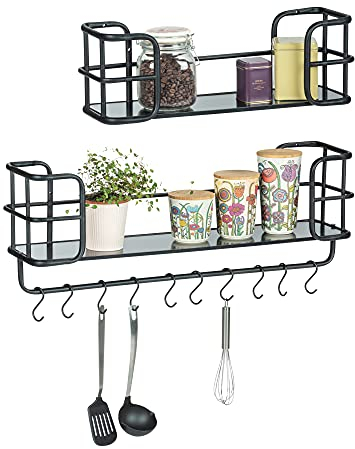 WENKO Wandregal Industrial, 2er Set Metallregal im Industrie-Stil, 1 Aufbewahrungsregal mit Hakenleiste für Handtücher 79 x 28 x 19,5 cm, 1 offenes Wohnregal 53 x 17,5 x 17,5, aus Metall/MDF, Schwarz
