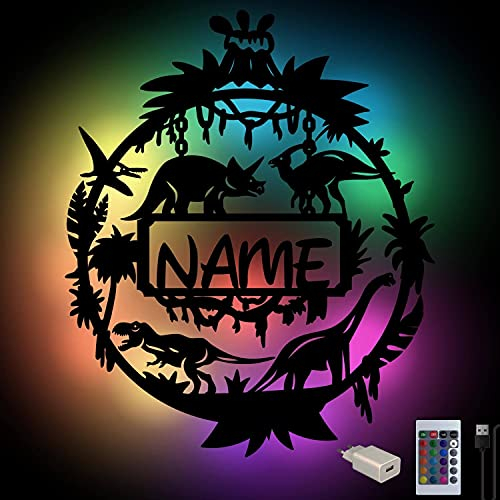 Namofactur RGB Farbwechsel Dino Wand-Nachtlicht mit Namen personalisiert I Led Holz Wand-Lampe für Kinder & Erwachsene mit Fernbedienung