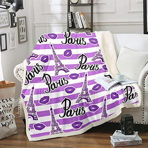 Homemissing Eiffelturm Wohndecke Mädchenhaft Paris Thema Decke 150x200cm Feminine Lippen Kuscheldecke für Stuhl Sofa Couch Damen Lila Streifen Lippenstift Zimmer Dekor Reversible Flanell Fleecedecke