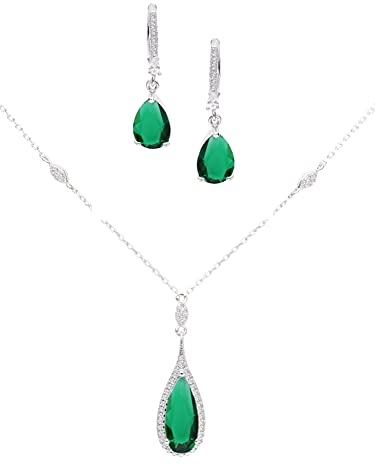 My Gold Schmuckset (Halskette & Ohrringe) Echtes Sterlingsilber Mit Zirkonia grün 925 Silber Nadine Set Y-04472-S921-CZC-whi-CZC-gre-K42cm