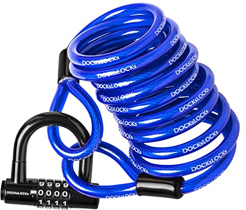 DocksLocks Coiled Security Cable Lock Set (5' to 25') with U-Lock, 10ft | Anti-Theft Protection, 10mm Looped Ends Cable, Vinyl Coated, Weatherproof, Compact, Resettable Combination, Multi-Purpose