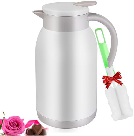Stainless Steel Thermal Coffee Carafe Dispenser, Unbreakable Double Wall Vacuum Thermos Flask Large Capacity 40oz 1.2L Water Tea Pot Beverage Pitcher for Summer Cold Iced Coffee(White)