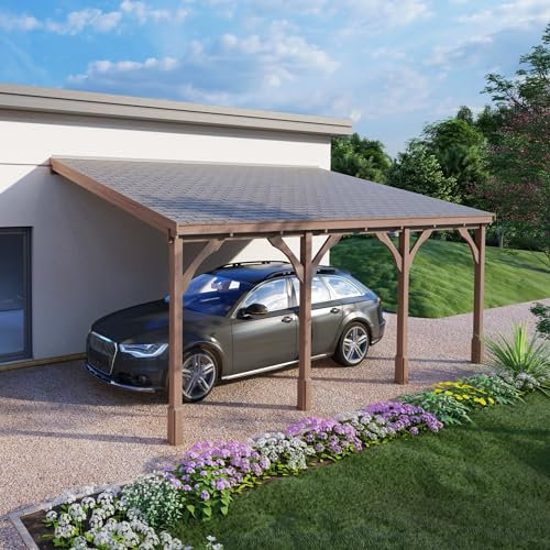 Rutland County Garden Furniture Felt Shingle Wooden Outdoor Roof Felt Pergola Garden Gazebo Carport - 4 Post Rustic Brown Timber - 2m Depth (2m x 7.22m, Forest Green)