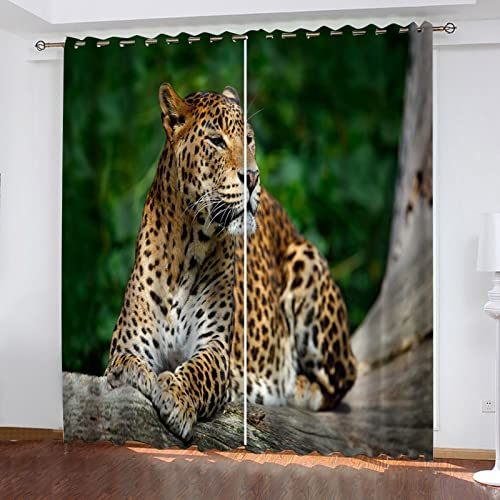 ELGISI Gardinen Wohnzimmer Kinderzimmer Verdunkelungsvorhang 3D Digitaldruck Waldtier Leopard Vorhänge Blickdicht Schlafzimmer Thermovorhang Mit Ösen, 2Er Set 160X140Cm(H X B)