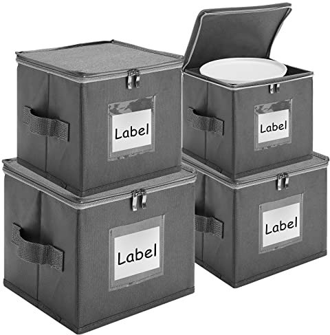 Karenhi Lot de 4 boîtes de rangement en porcelaine à coque rigide, boîtes de rangement empilables avec couvercle pour assiettes, gris