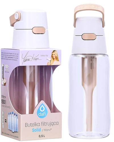 DAFI Trinkflasche mit Filter Solid 0,5 L Beige - Wasserflasche mit Wasserfilter, BPA-Frei, Sportflasche mit gefiltertes Wasser für Reisen, Filterflasche Outdoor + Aktivkohle Filter Strohhalm