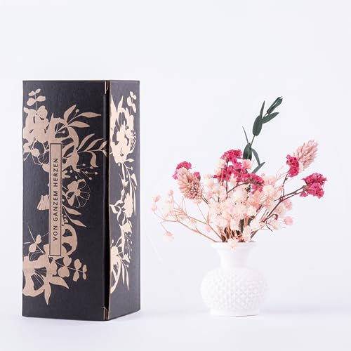 Mini Bouquet de Fleurs avec Vase et Coffret Cadeau - Composition de Fleurs Séchées comme Petit Cadeau de Remerciement