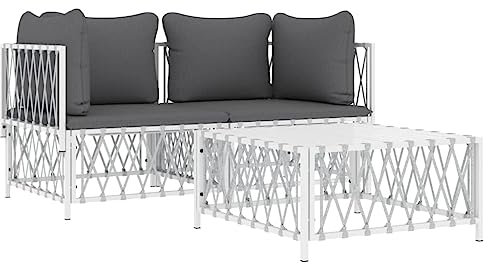 vidaXL Garten Lounge Set 3-TLG., Gartenmöbel Set mit Kissen, Sitzgruppe für Garten Terrasse, Modular Sofa Garnitur Loungemöbel, Weiß Stahl