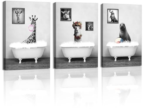 Piy Painting 3X Impressions sur Toile Noir et Blanc Girafe Alpaga et Phoque dans la Baignoire Peinture Décoration Tableaux Modernes Encadré Animaux Image sur Toile pour Salle de Bains Bureau 30x40cm