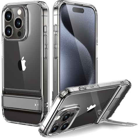 ESR for iPhone 15 Pro Max Case, Metal Kickstand Case, 3 Stand Modes, Military-Grade Drop Protection, Supports Wireless Charging, Slim Back Cover with Patented Kickstand, Boost Series, Clear
