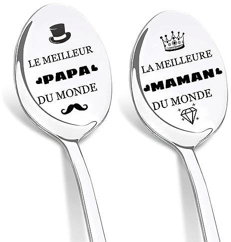 DIKARIYA Cadeau Fete des Meres, Cadeau pour Papa et Maman, Cuillères Gravées Meilleur Maman et Papa du Monde, Cadeaux Fête des Mères Maman Cadeau Anniversaire Papa, Cadeau Fête des Pères pour Papa