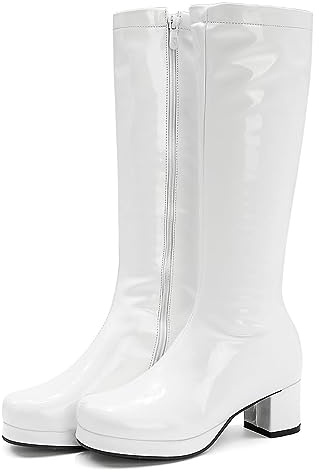 Stivali Alti Color Caramella Lucidi Donna,Stivali Cavallerizzo Zip Laterale per sfilate di Moda Casual,Stivali al Ginocchio Tacco Pelle Verniciata Sexy,Bianca,43 EU