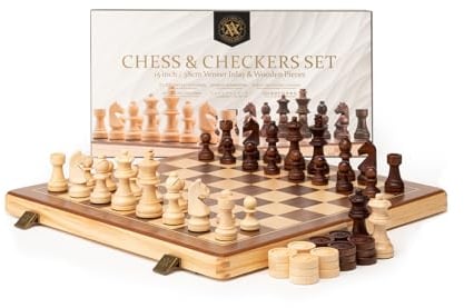 A&A 15 inch Wooden Folding Chess & Checkers Set w/ 3 Inch King Height Staunton Chess Pieces / 2 Extra Queens…