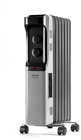 Taurus - Radiador de Aceite, 1500W, 3 intensidades, termostato Regulable, protección antivuelco, piloto Luminoso, asa de Transporte, Ruedas, Superficies hasta 15m2, Gris