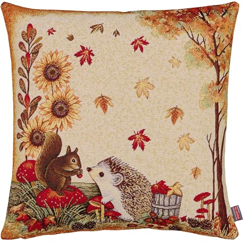 Espamira Kissenhülle Herbst 45x45 Igel Gobelin Dekokissen Kissenbezug Kissen Bezug Quadratisch Beige Bunt Beidseitig Gewebt Eckig Reißverschluss