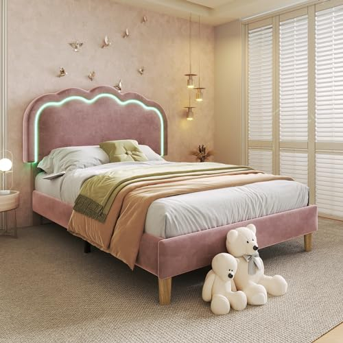 Merax Lit capitonné, 90 x 190 cm, lit simple avec sommier à lattes et tête de lit réglable, joli lit pour adolescent, avec tête de lit LED, en forme de bouffante, rembourré, en velours, sans matelas