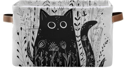 Aufbewahrungskorb mit großen Augen, schwarze Katze und Pflanzen, strapazierfähiges Segeltuch, zusammenklappbar, Spielzeugbox, Organizer mit Griffen für Regal, Schrank, Schlafzimmer, Heimbüro