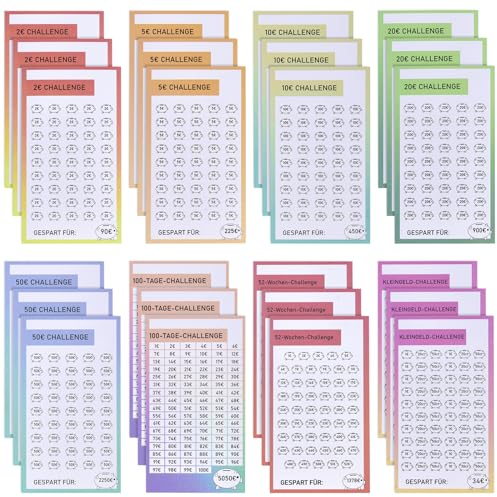 [24er Set]- LVZONGXIN A6 Sparchallenge Budgetplaner- 8 Sparchallenges - Budget Planner Deutsch Zubehör - Spar Challenge Set mit 2€ | 5€ | 10€ | 20€ | 50€ | Kleingeld | 52 TAGE | 100 TAGE