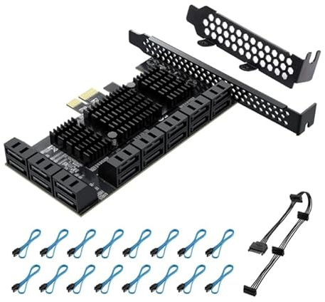YBBOTT PCI Express zu 16 Ports1X Karte, 6 Gbit/s SATA 3.0 Controller, PCIe Erweiterungskarte, Non-Raid, Unterstützt HDDS, mit Low Profile Bracket und 16 Kabeln, JMB575 ASM1064 Chips