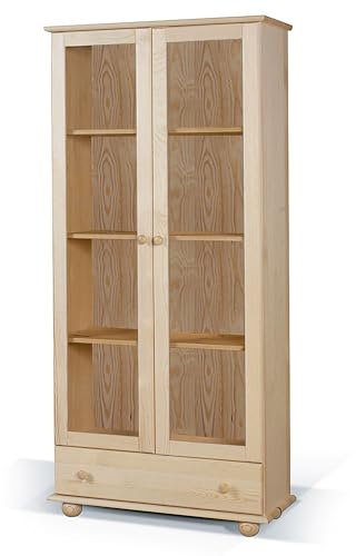 Meble Doktór Bibliothèque Classic 180 x 83 x 36 cm - Armoire de bureau - 4 étagères - Vitrine avec portes en verre - Pin - Armoire pour salon - Pin naturel laqué