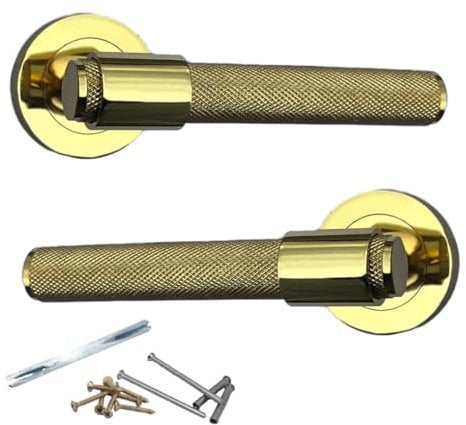 Betley Butterfly Knurled Door Handles Polished Brass Loop & Neck Lever on Round Rose Latch Handle for Internal Wooden Doors for Home and Office Luxe