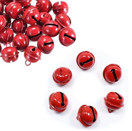 50 Stück rote Glöckchen aus Metall, runde Glocken, Bastelglocken, kleine Glocken, farbige Weihnachtsglocken für Weihnachten, Windspiele, Schmuck, Ornamente, Urlaub, Zuhause, Party-Dekoration