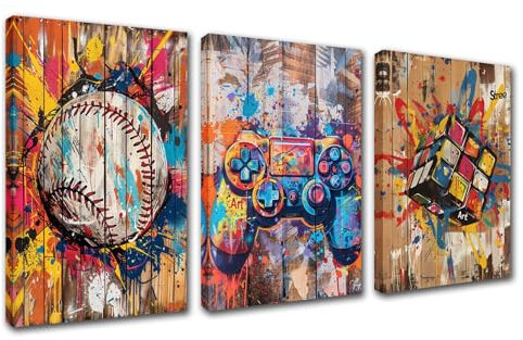 Banksy Straßen-Graffiti, Heimdekorationen für Wohnzimmer, Baseball, Zauberwürfel, Spiel-Controller, Bilder, Jungenzimmer, Gemälde, 3 Stück, Leinwand, modernes Kunstwerk, gerahmt, Galerieverpackt,
