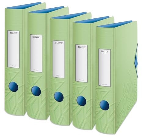 Leitz Qualitäts-Ordner 180° Active, 5er Pack, A4, Schmal, Abgerundeter Rücken, 6,5 cm breit, Gummibandverschluss, Leichtes Polyfoam, Plastik-Ordner, Urban Chic Serie, Hellgrün, 11170050