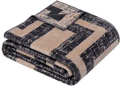 Ibena Dairut Decke 150 x 200 cm - Baumwollmix, weich, warm & waschbar, Kuscheldecke Abstrakt gestreift beige grau