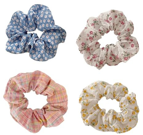 QEDBOJE 4 Stück Blumenmuster Scrunchies, Vintage Floral Haargummis für Damen, Weich Elastisch Groß Haarschmuck