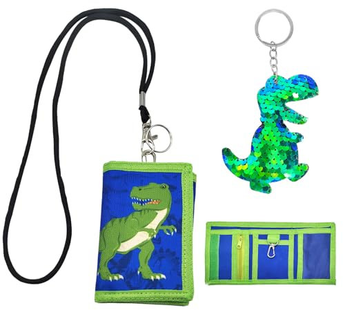 SwirlColor Kinder Geldbörsen für Jungen, Lanyard Reißverschluss Kinder Geldbörse Dinosaurier Muster Jungen Geldbörsen für Kinder 9-12, Mit Einem Dinosaurier Schlüsselanhänger