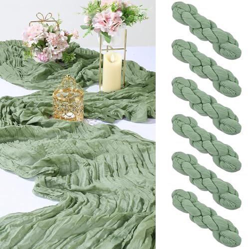 MUUKAIII 6 Stück Tischläufer Salbeigrün 90x300 cm Käsetuch Tischläufer Eukalyptus Grün Tischläufer Hochzeit Musselin Tischläufer Boho Hochzeit für Hochzeitsdeko, Tischdeko Geburtstag, Babyparty