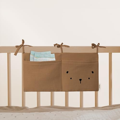 Babybett Aufbewahrungstasche aus 100% Baumwolle Musselin, für das Beistellbett, Babybett, Kinderbett. Ideal zum Verstauen von Windeln, Schnullern (Bear)