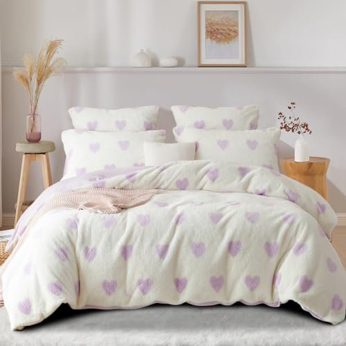 Nyescasa Plüsch Bettwäsche 155x220 Violett Herzen Warme Winter Flauschig Flanell Wendebettwäsche Langhaar Kunstfell Deckenbezug Fleece Cashmere Touch Bettbezug mit Reißverschluss und Kissenbezug 80x80