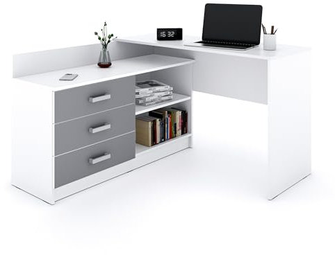 Marlux-Meble Schreibtisch mit Schubladen 3 und Regalen 2 | Eckschreibtisch Graphit Matt | PC Schreibtisch L Form mit Stauraum (Alto Schreibtisch Holz 131x120x76 cm)