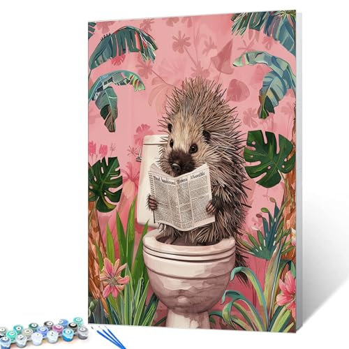 Tucocoo Kit de peinture à l'huile sur toile avec pinceaux et pigments acryliques - Motif animaux amusants sur toilettes et salle de bain - 40,6 x 50,8 cm (sans cadre)