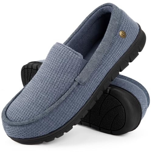 LongBay Men's Moccasin Slippers Cozy Memory Foam Waffle House Shoes Non-Slip Indoor and Outdoor Use Light Blue,9