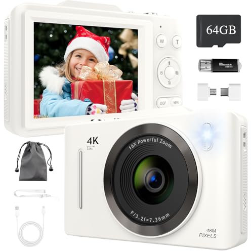Digital Camera, 4K 48MP Digital Cameras with 64GB Card/16X Digital Zoom/2.8 Large Screen, Autofocus Compact Camera for Teens, Kids, Beginners
