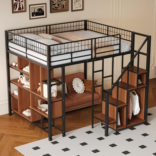 Zepneiy Hochbett 140 x 200 cm, Regale und Treppe mit Stauraum, Metallbett, multifunktional, Schwarz (Matratze nicht im Lieferumfang enthalten)