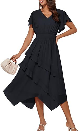 Damen Midikleid Lässig Swing V-Ausschnitt Elastische Taille Wickelkleid Kleider M Schwarz