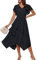 Damen Midikleid Lässig Swing V-Ausschnitt Elastische Taille Wickelkleid M Schwarz
