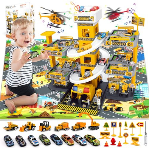RoserRose Garage Voiture Enfants, Circuit Voiture Enfant, Parking à 5 Étages avec 14 Voitures 2 Hélicoptères, Ascenseur, Lumière, Son et Grande Carte, Cadeaux pour Enfants 3 4 5 6 7 8 Ans (Ingénierie)